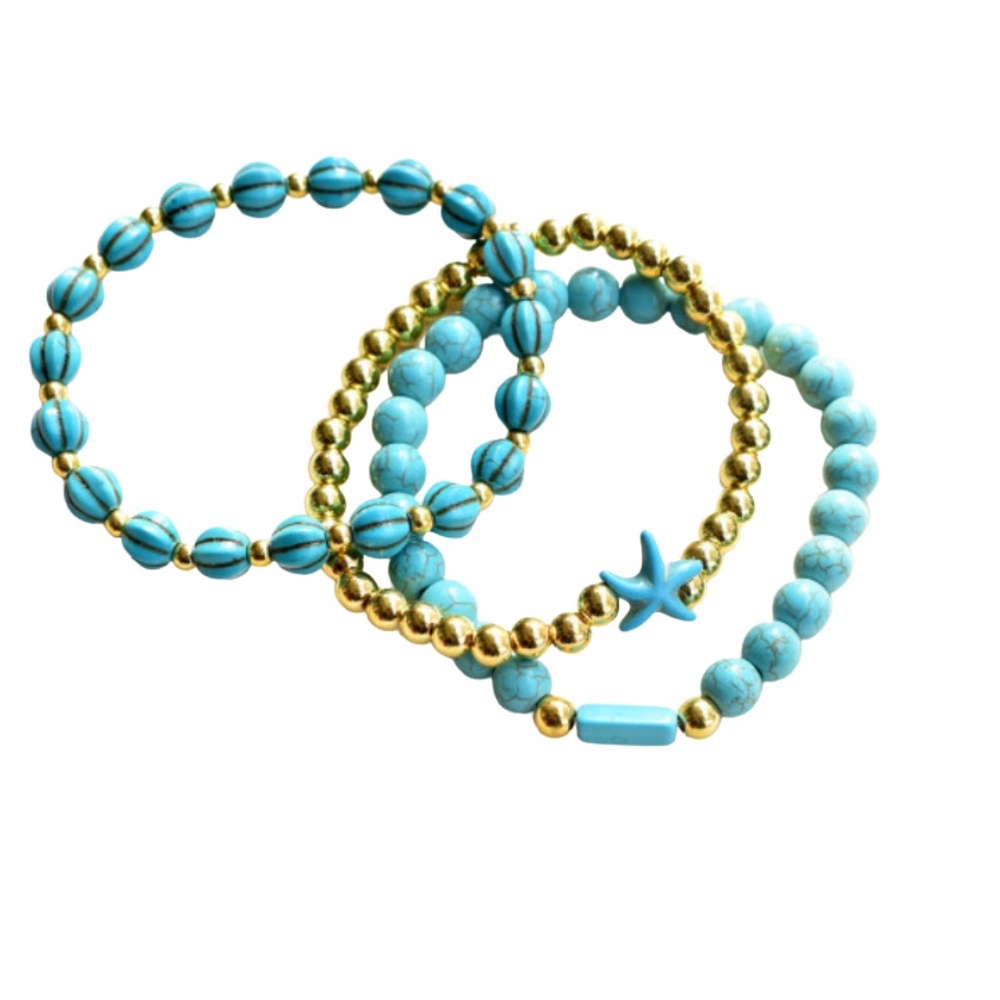 Stretch Bracelet Set of 3 Turquoise and Gold For Average Size Wrists - Picture 3 of 4